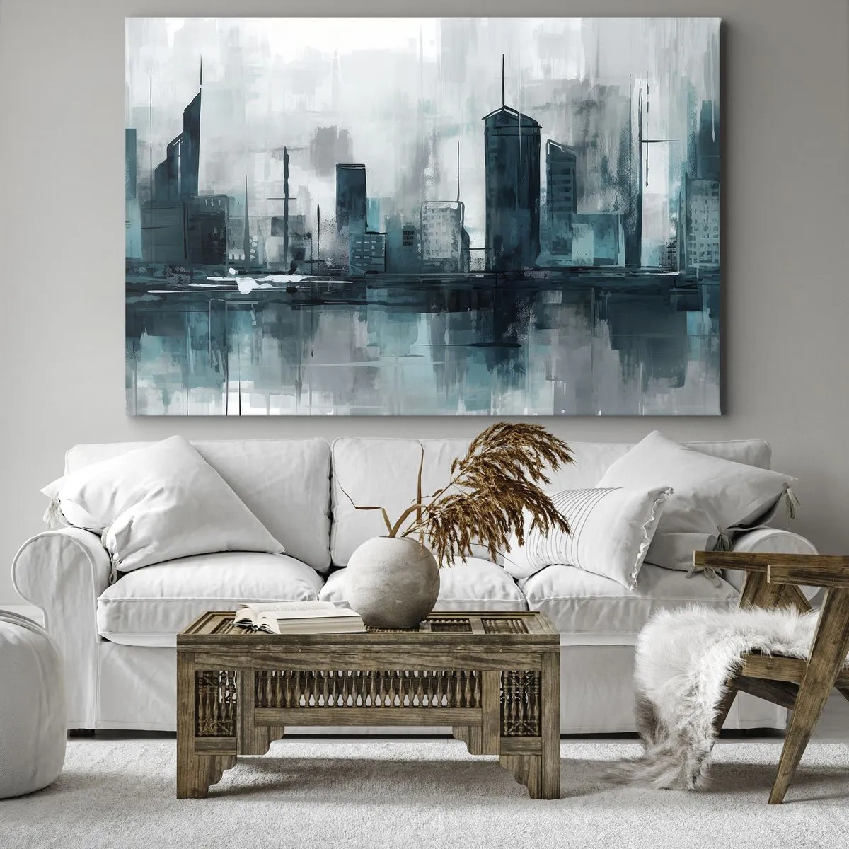 Canvastavla - Bild på duk - En modern stad i nyanser av turkos och grått - 70x50cm - Regnfärgad stad - Modern väggdekoration för vardagsrum och sovrum ARTTOR