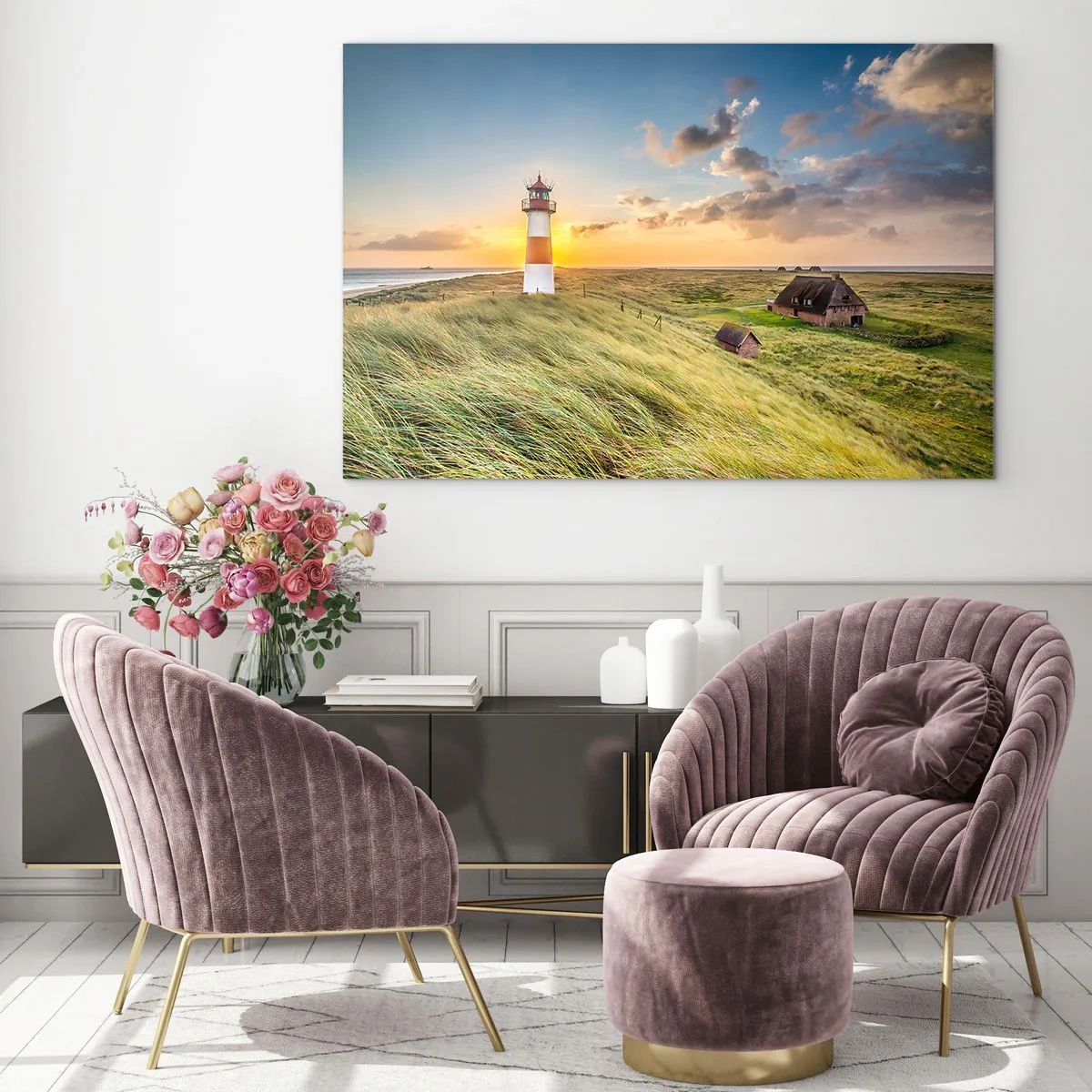 Glastavla - Bild på glas - En fyr i solnedgången över ett stormigt hav - 70x50cm - Mellan vågorna - Modern väggdekoration för vardagsrum och sovrum ARTTOR