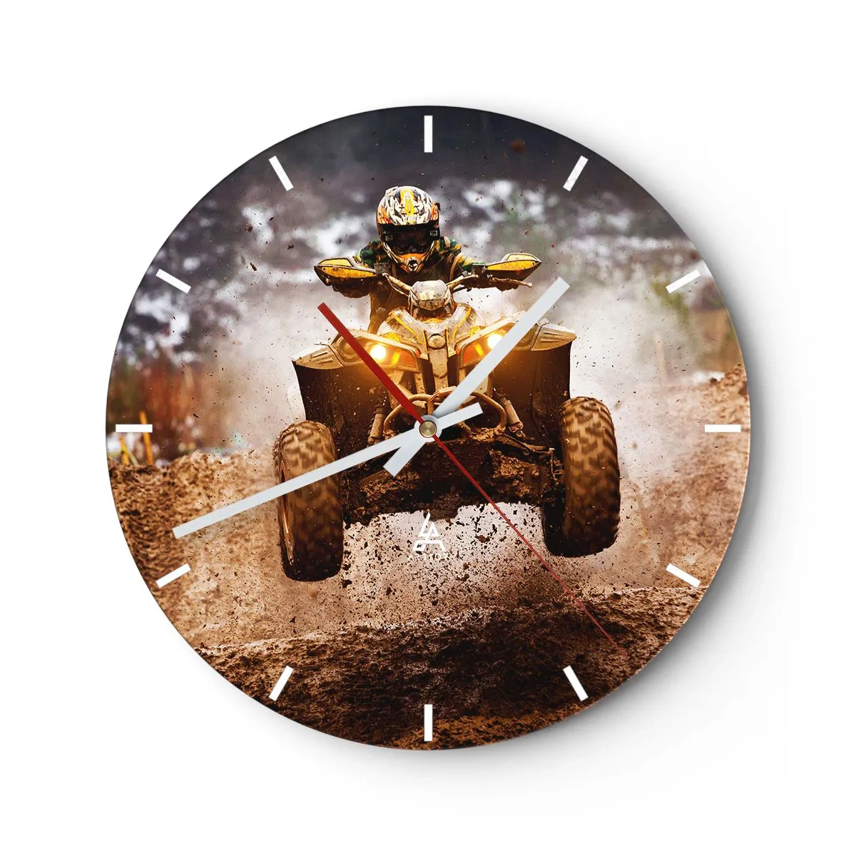 Väggklocka - Klocka på glas - En fyrhjuling i rörelse på en lerig bana, dynamisk terrängkörning - 30x30cm - No risk no fun - Modern väggdekoration för vardagsrum, kök och sovrum ARTTOR