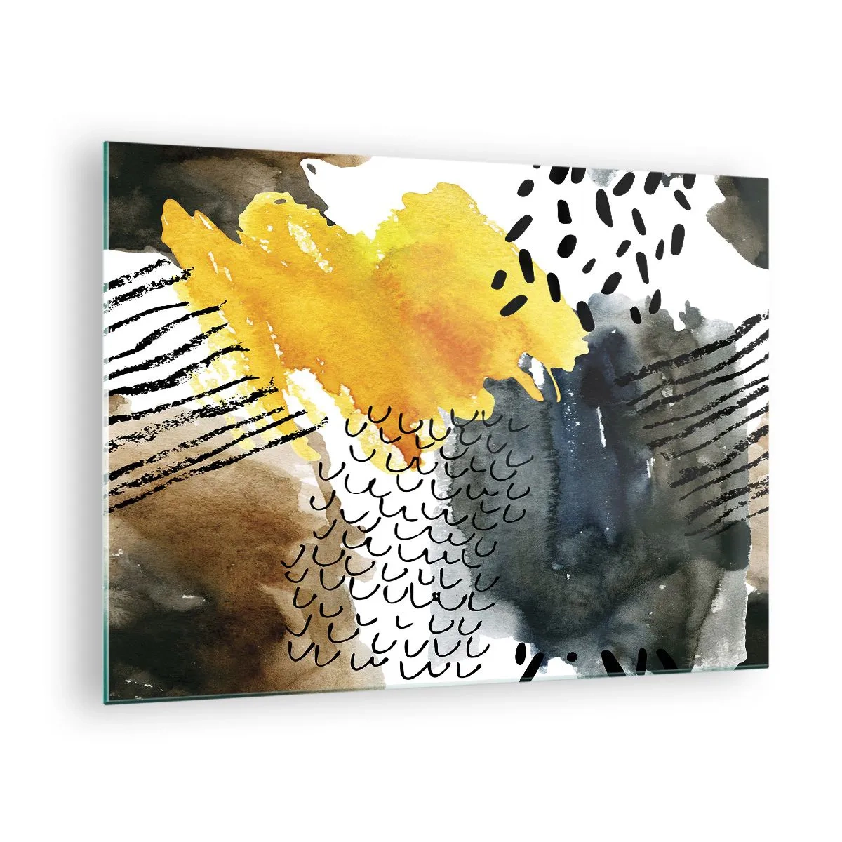 Glastavla - Bild på glas - En abstrakt komposition med prickar och linjer i jordnära färger. - 70x50cm - Elementens möte - Modern väggdekoration för vardagsrum och sovrum ARTTOR