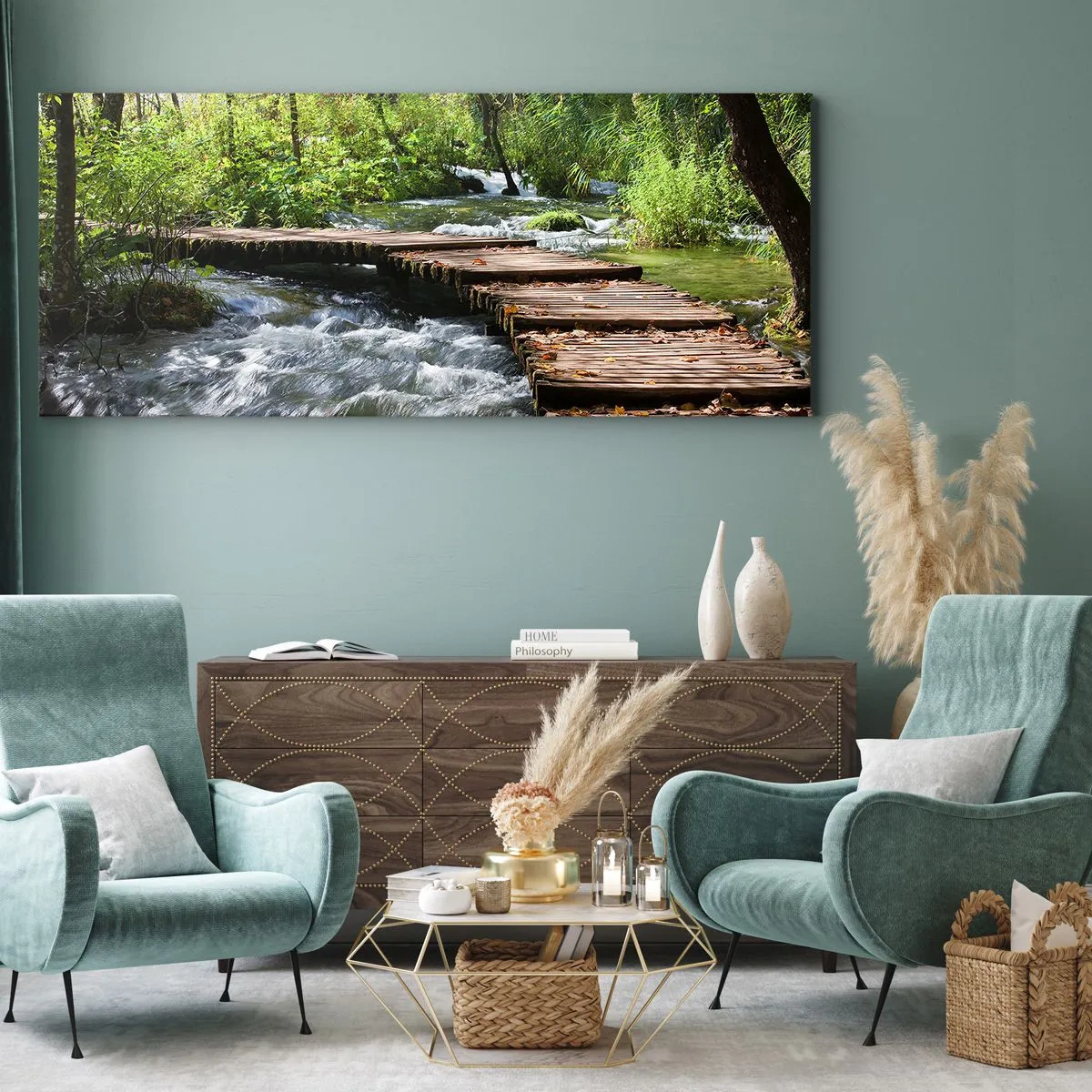 Canvastavla - Bild på duk - Över skummande kaskad - 100x40 cm