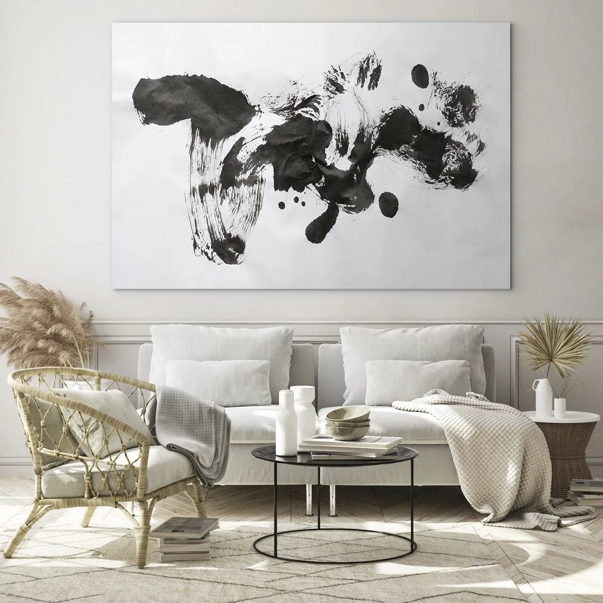 Glastavla - Bild på glas - Abstrakt svart fläck och penseldrag på en vit bakgrund - 70x50cm - En metod i galenskap? - Modern väggdekoration för vardagsrum och sovrum ARTTOR