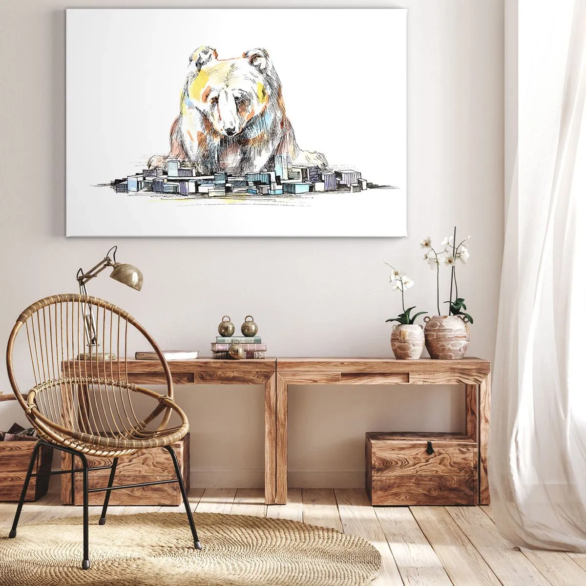 Canvastavla - Bild på duk - Illustration av en björn med färgglada detaljer och block - 70x50cm - Hur kan man leva på det viset? - Modern väggdekoration för vardagsrum och sovrum ARTTOR