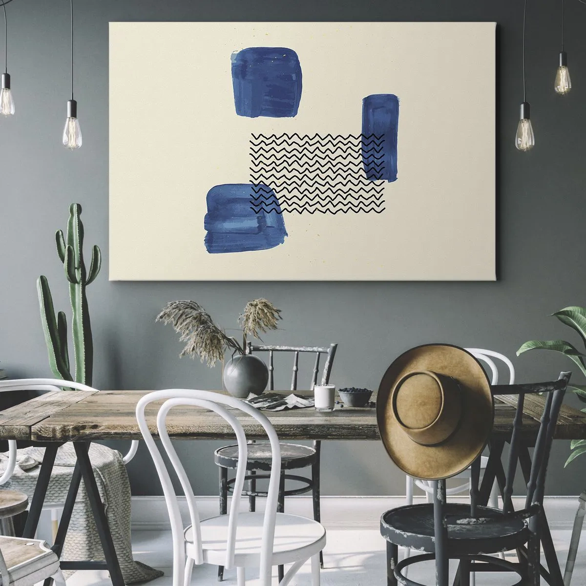 Canvastavla - Bild på duk - Abstrakt komposition med blå fläckar och vågiga linjer - 70x50cm - Abstrakt kvartett - Modern väggdekoration för vardagsrum och sovrum ARTTOR