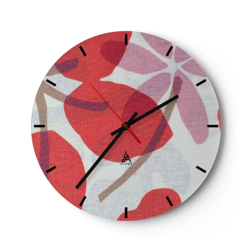 Väggklocka - Klocka på glas - Rosa och röda blad på en vit bakgrund med linnestruktur - 30x30cm - Blomsterkomposition i rosa - Modern väggdekoration för vardagsrum, kök och sovrum ARTTOR