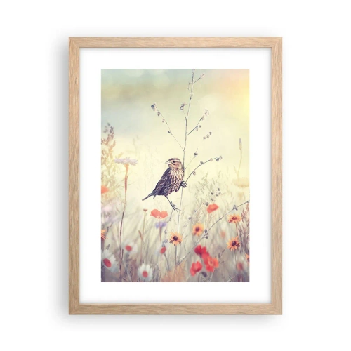 Affisch i ram av ljusek - Fågelporträtt med en äng i bakgrunden - 30x40 cm