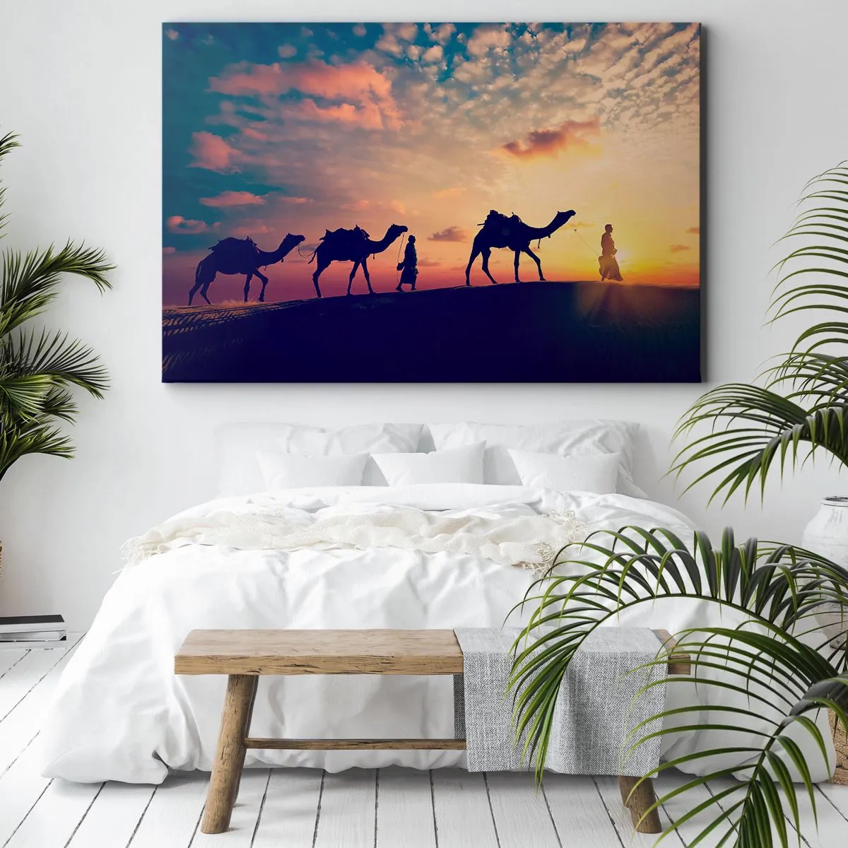 Canvastavla - Bild på duk - En karavan av kameler vandrar genom öknen vid solnedgången - 70x50cm - Orientens hemliga ande - Modern väggdekoration för vardagsrum och sovrum ARTTOR
