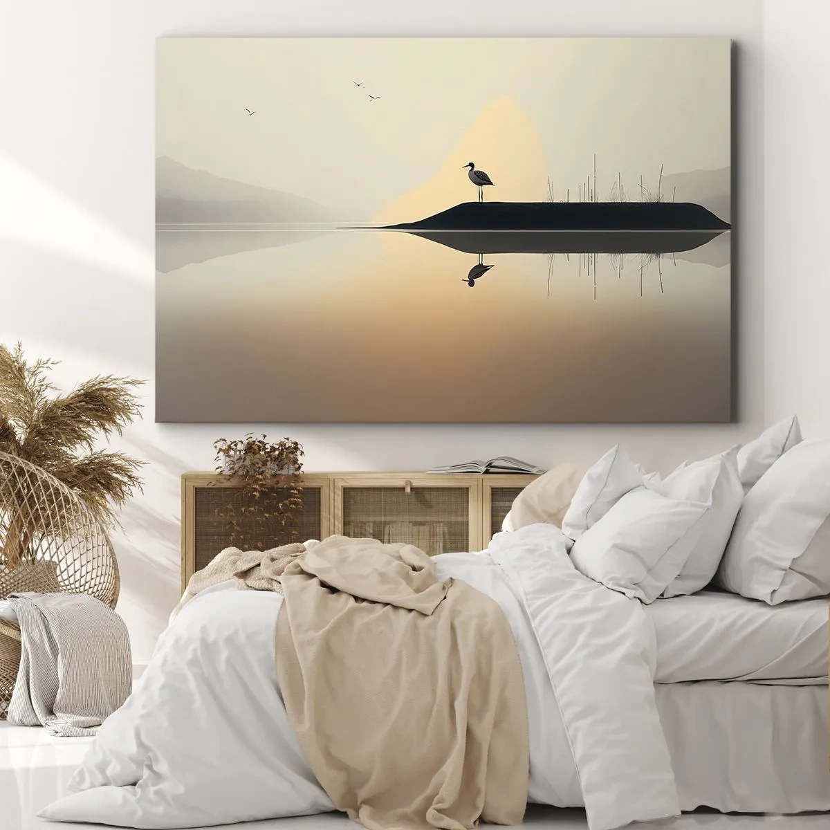 Canvastavla - Bild på duk - En fågel på en ö i en lugn sjö med varma nyanser - 70x50cm - Herre på sjön - Modern väggdekoration för vardagsrum och sovrum ARTTOR