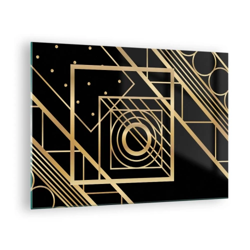 Glastavla - Bild på glas - Gyllene geometriska mönster på svart bakgrund - 70x50cm - Gyllene geometri - Modern väggdekoration för vardagsrum och sovrum ARTTOR