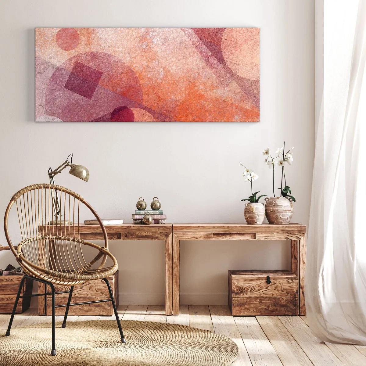Canvastavla - Bild på duk - Geometriska omvandlingar i rosa - 140x50 cm
