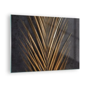 Glastavla - Bild på glas - Gyllene palmblad på en mörk bakgrund - 70x50cm - Tropikens guld - Modern väggdekoration för vardagsrum och sovrum ARTTOR