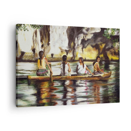 Canvastavla - Bild på duk - Kvinnor i en båt på en lugn flod med en pittoresk bakgrund - 70x50cm - I polynesiskt paradis - Modern väggdekoration för vardagsrum och sovrum ARTTOR