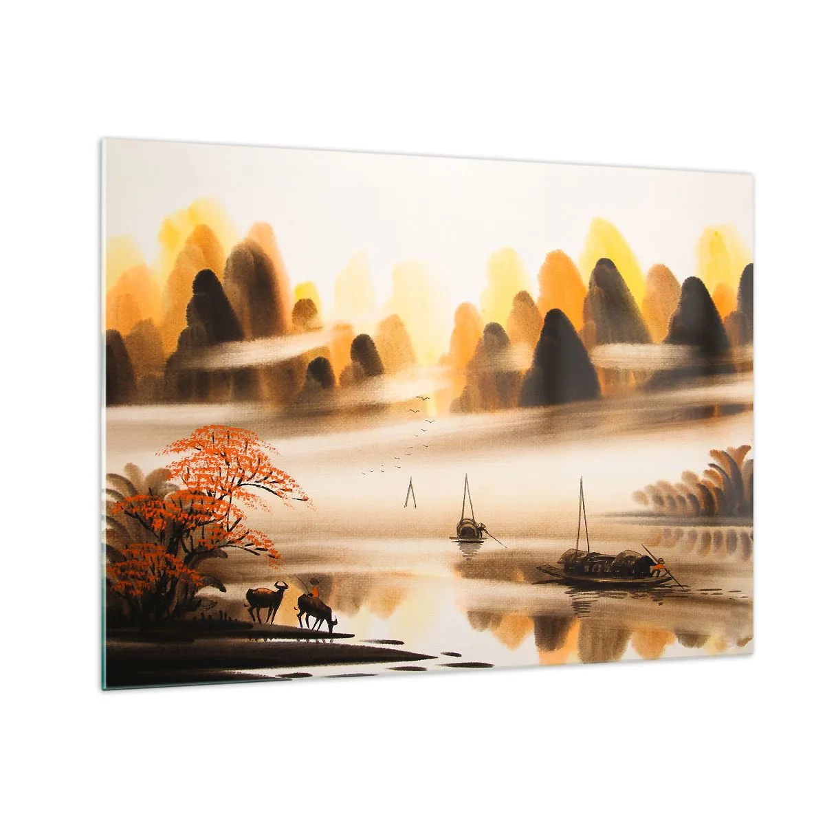 Glastavla - Bild på glas - Orientaliskt landskap med båtar och berg i dimman - 70x50cm - Längre bort än Fjärran Östern - Modern väggdekoration för vardagsrum och sovrum ARTTOR