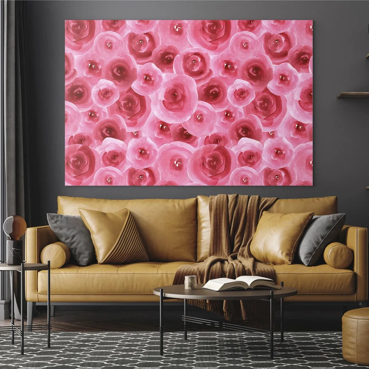 Glastavla - Bild på glas - Akvarellrosmönster i nyanser av rött och rosa - 70x50cm - Rosor upe och nere - Modern väggdekoration för vardagsrum och sovrum ARTTOR