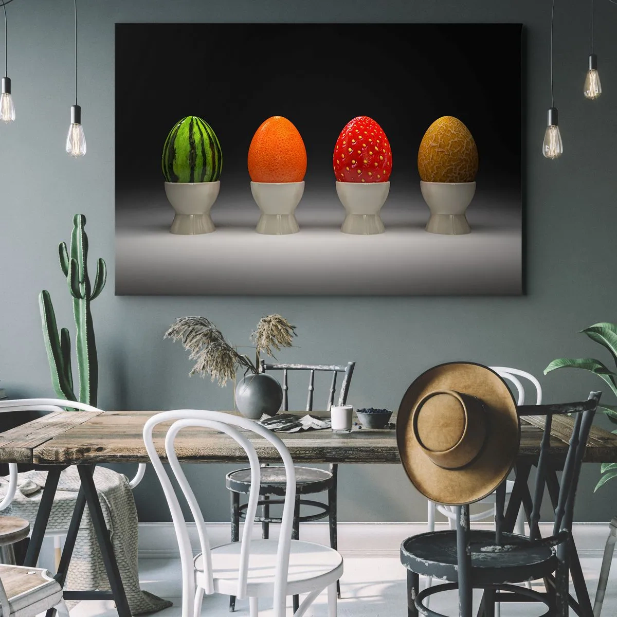 Canvastavla - Bild på duk - Färgglada ägg som liknar frukt på en mörk bakgrund - 70x50cm - Fruktfrukost - Modern väggdekoration för vardagsrum och sovrum ARTTOR