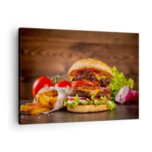 Canvastavla - Bild på duk - Aptitretande hamburgare med extra tillbehör - 70x50cm - Förbjuden frukt - Modern väggdekoration för vardagsrum och sovrum ARTTOR