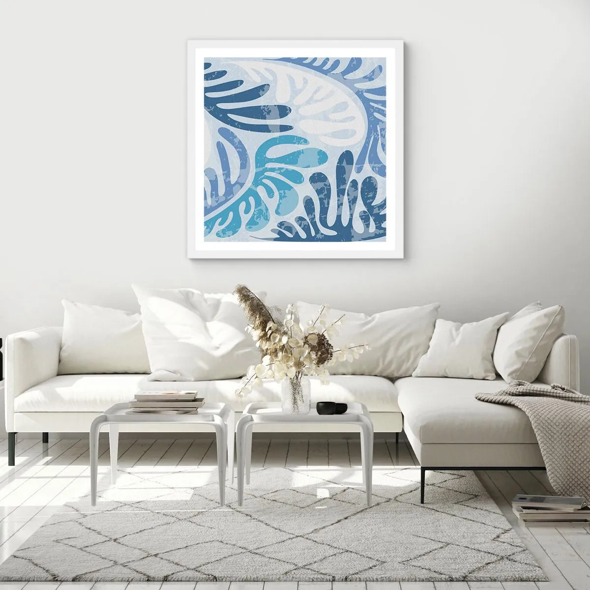 Affisch i vit ram - Blåa ormbunkar - 60x60 cm