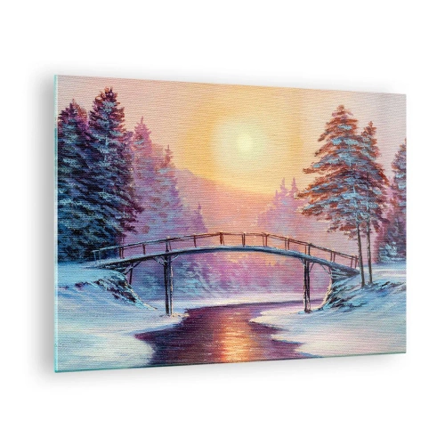 Glastavla - Bild på glas - Vinterlandskap med en bro över en flod vid solnedgången - 70x50cm - De fyra årstiderna - vinter - Modern väggdekoration för vardagsrum och sovrum ARTTOR