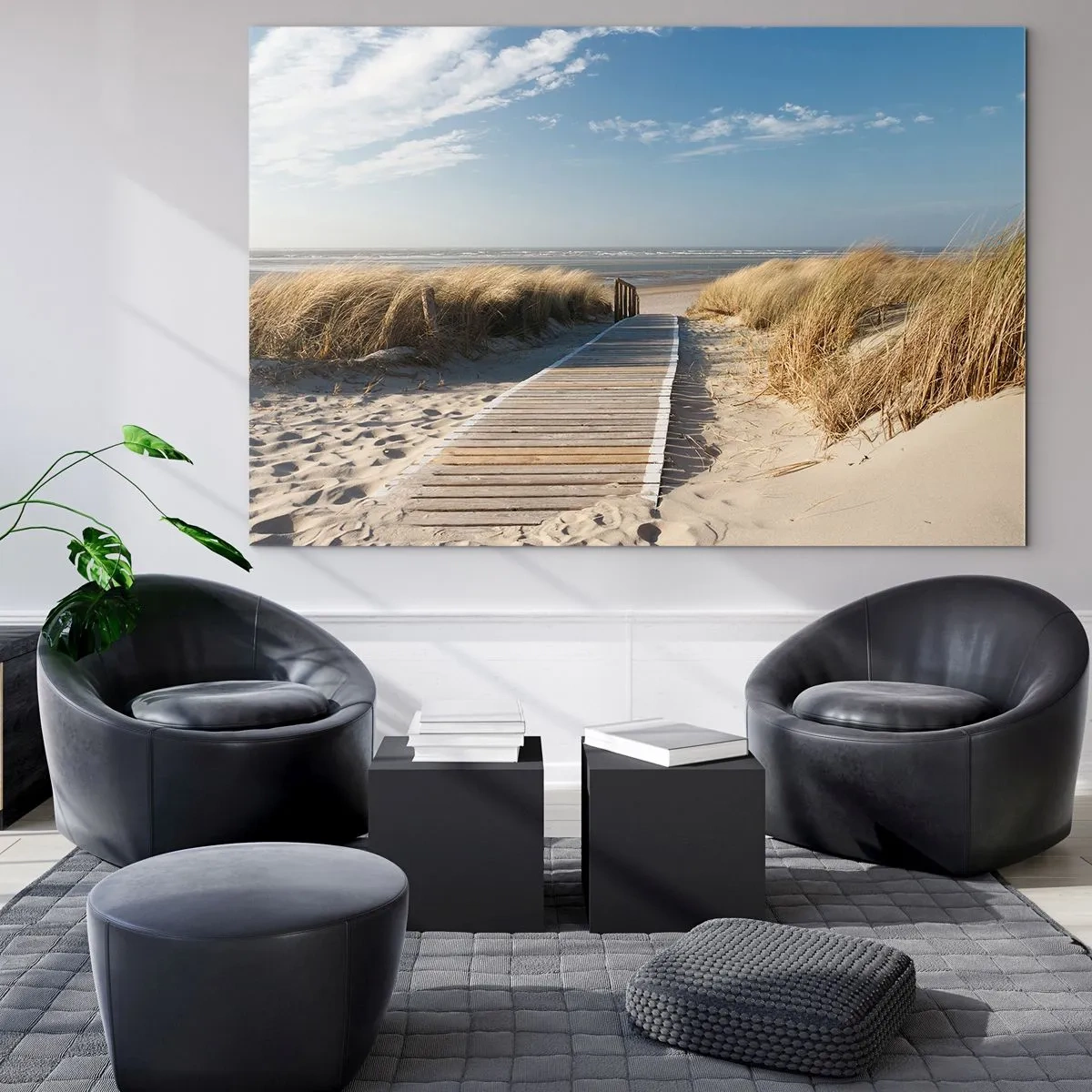 Glastavla - Bild på glas - Trästig genom sanddynerna som leder till stranden - 70x50cm - Bortom sanddynan, i gräsets brus - Modern väggdekoration för vardagsrum och sovrum ARTTOR