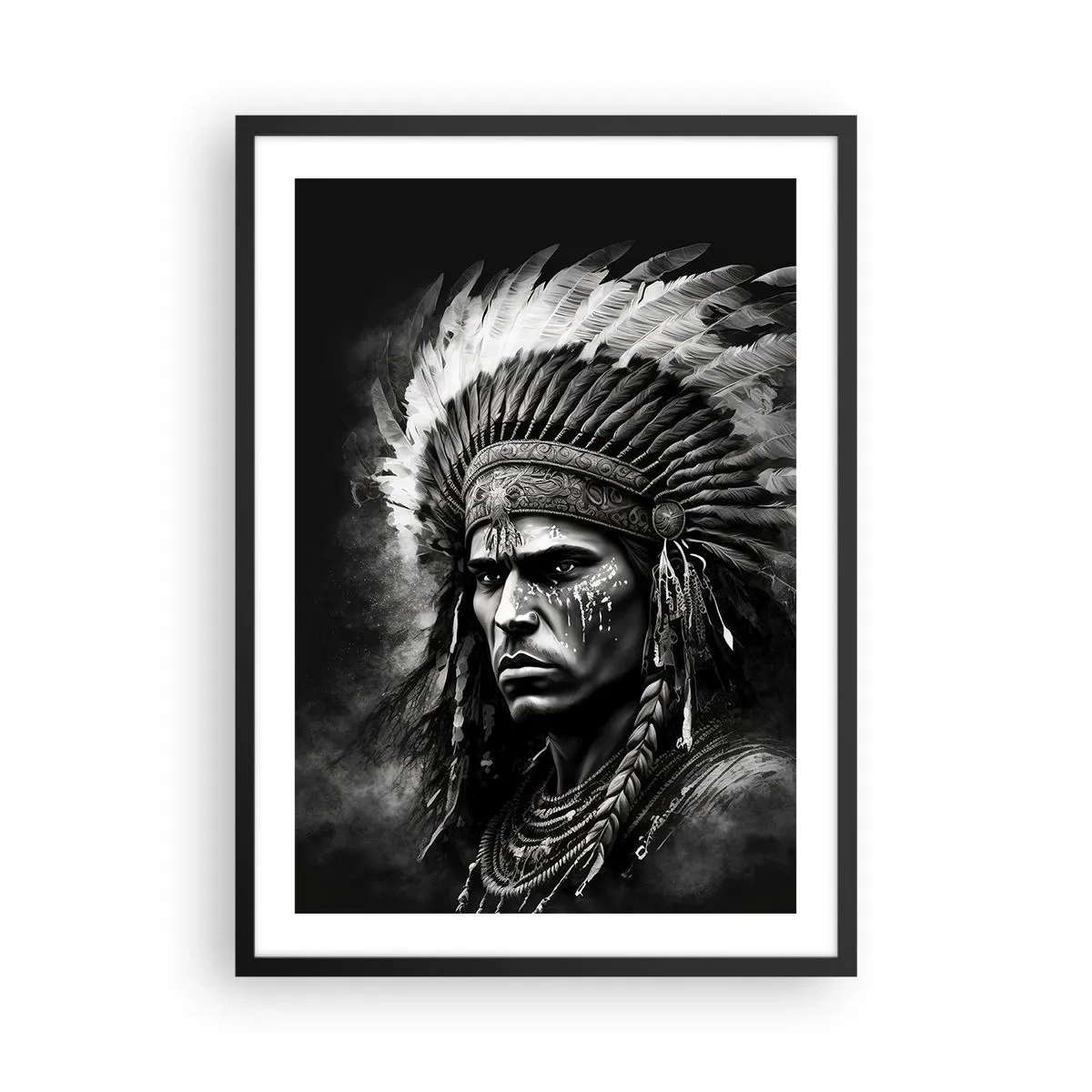 Affisch i svart ram - Porträtt av en krigare i traditionell fjäderhuvudbonad - 50x70cm - Hövding och krigare - Modern väggdekoration för vardagsrum och sovrum ARTTOR