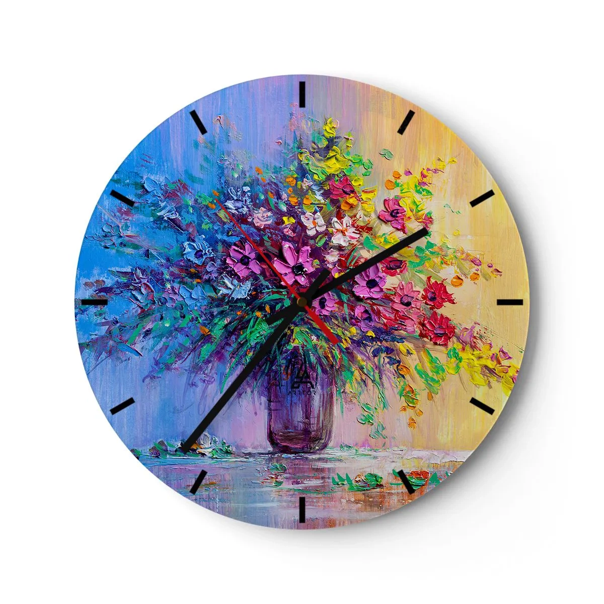 Väggklocka - Klocka på glas - En bukett färgglada blommor i en glasvas på en pastellfärgad bakgrund - 30x30cm - Sommarängens gåva - Modern väggdekoration för vardagsrum, kök och sovrum ARTTOR