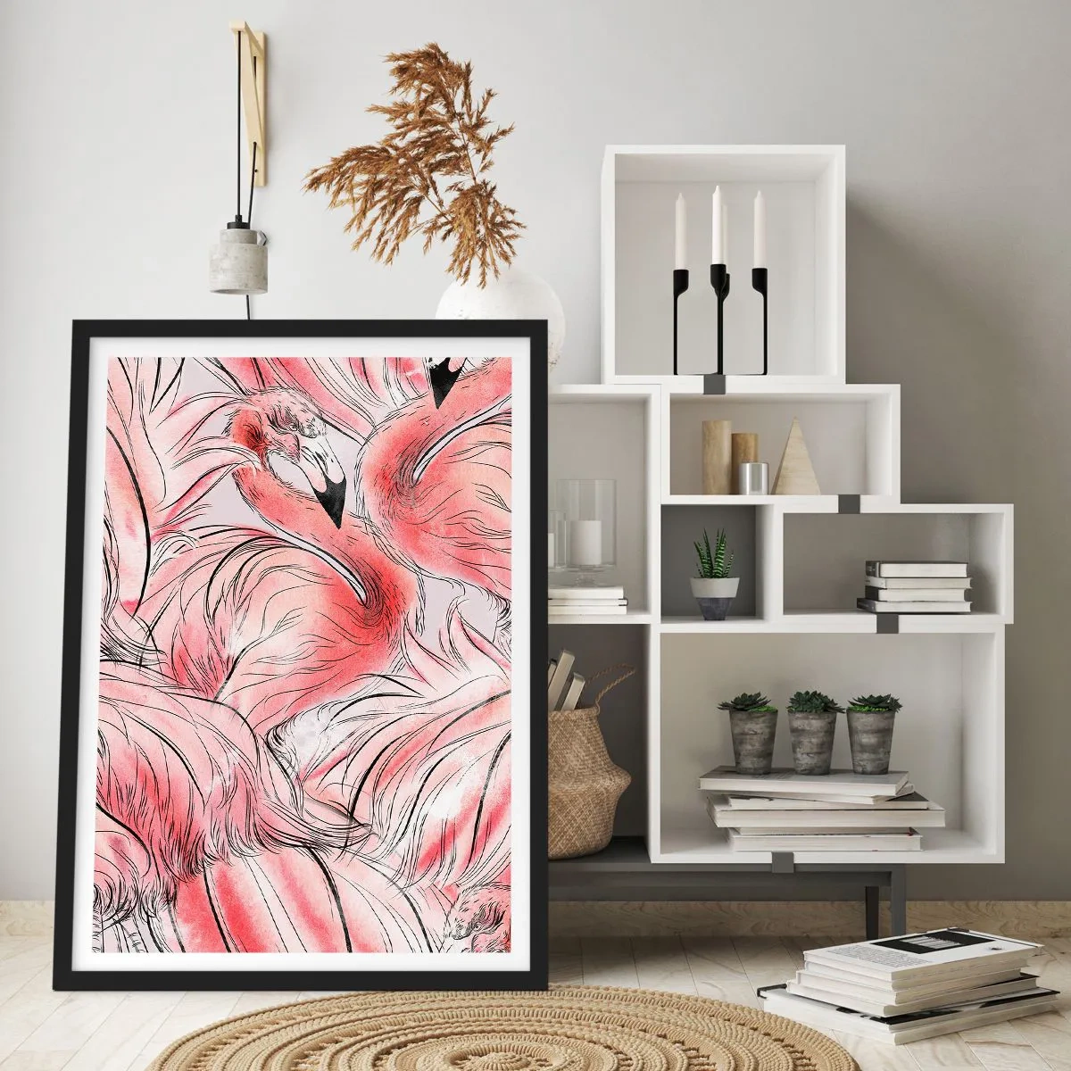 Affisch i svart ram - Ett subtilt flamingomönster i nyanser av rosa - 50x70cm - Fåglarnas corps de ballet - Modern väggdekoration för vardagsrum och sovrum ARTTOR