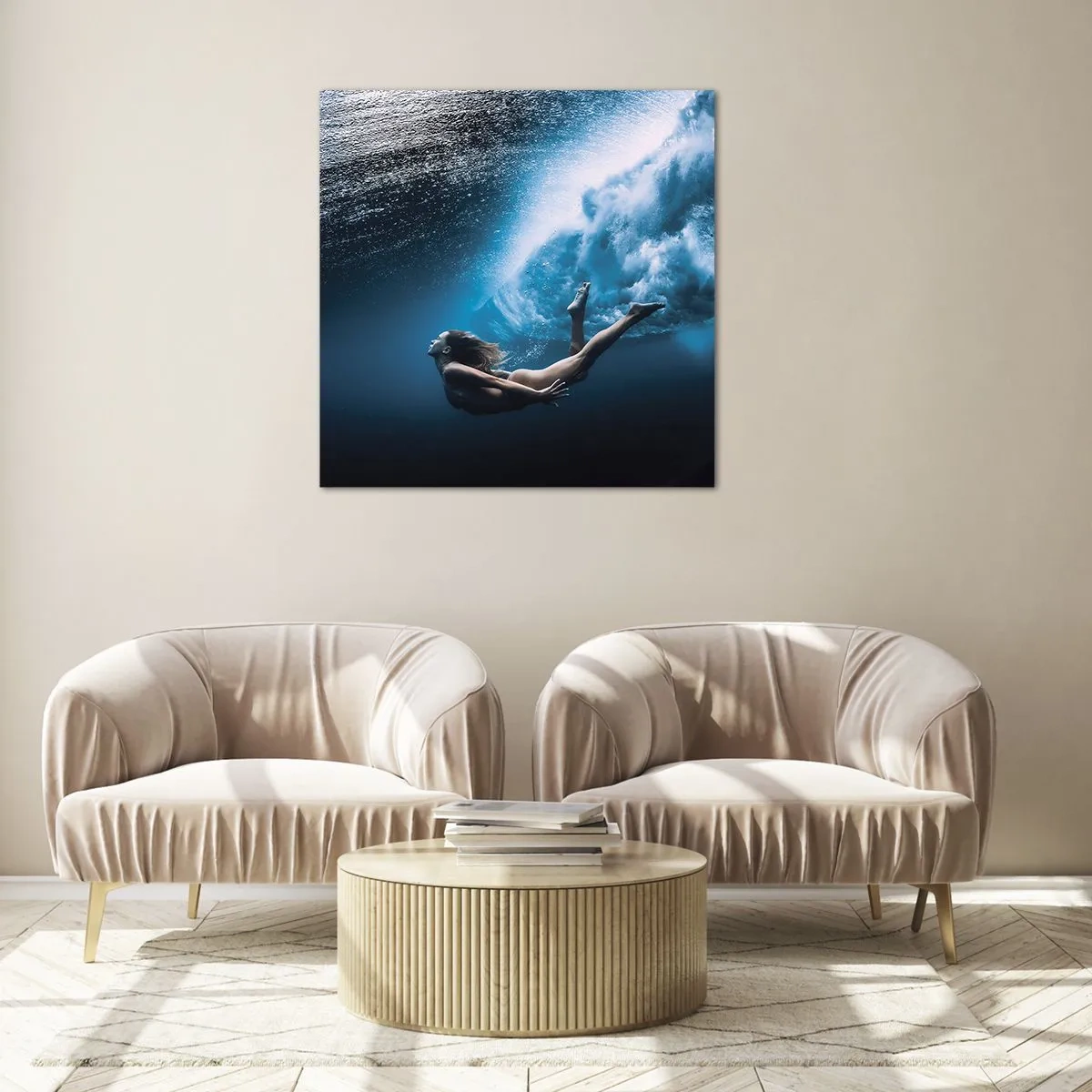 Glastavla - Bild på glas - Modern sjöjungfru - 70x70 cm