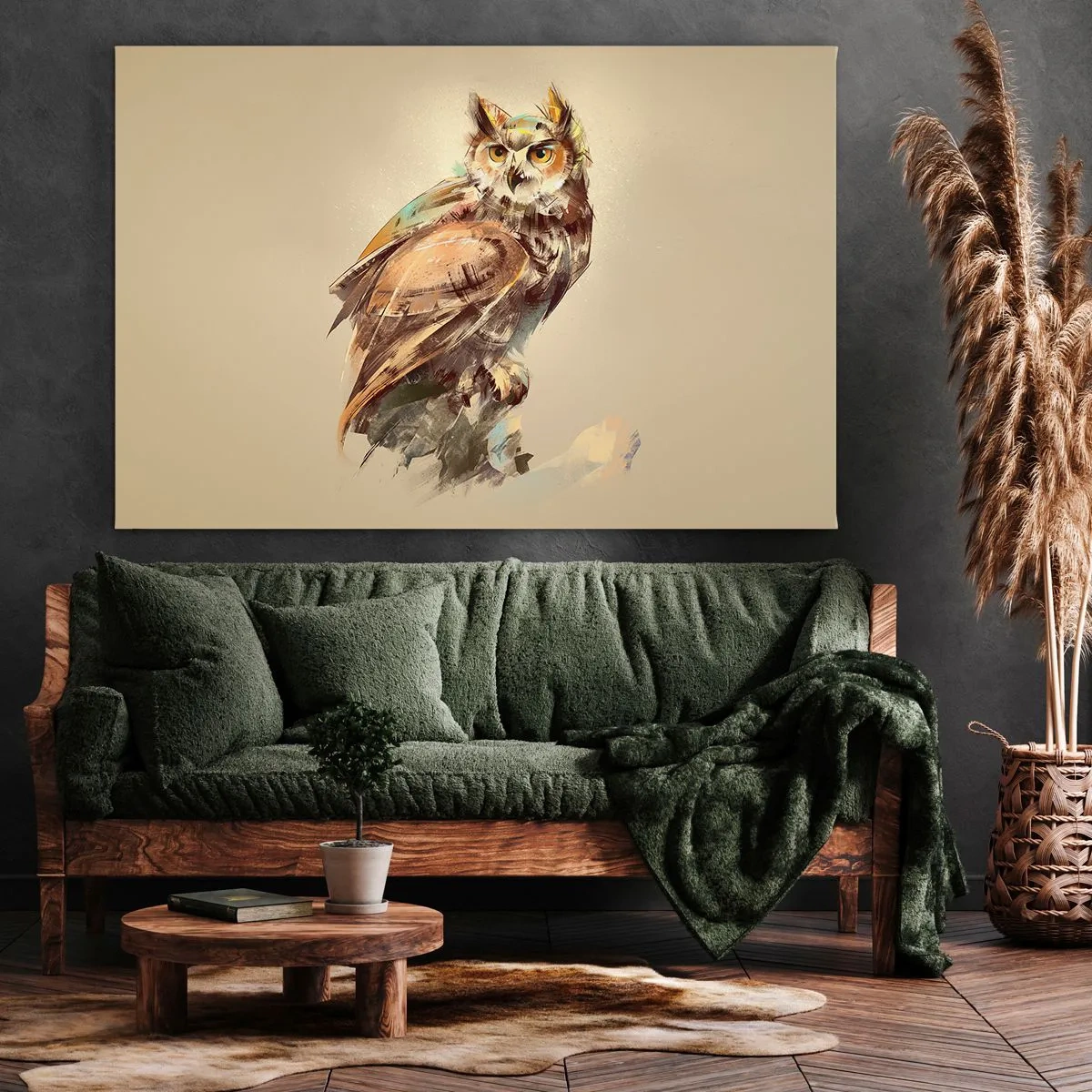 Canvastavla - Bild på duk - Konstnärligt porträtt av en uggla mot en ljus bakgrund i varma nyanser. - 70x50cm - Den klokaste ugglan - ekskogen bekräftar - Modern väggdekoration för vardagsrum och sovrum ARTTOR
