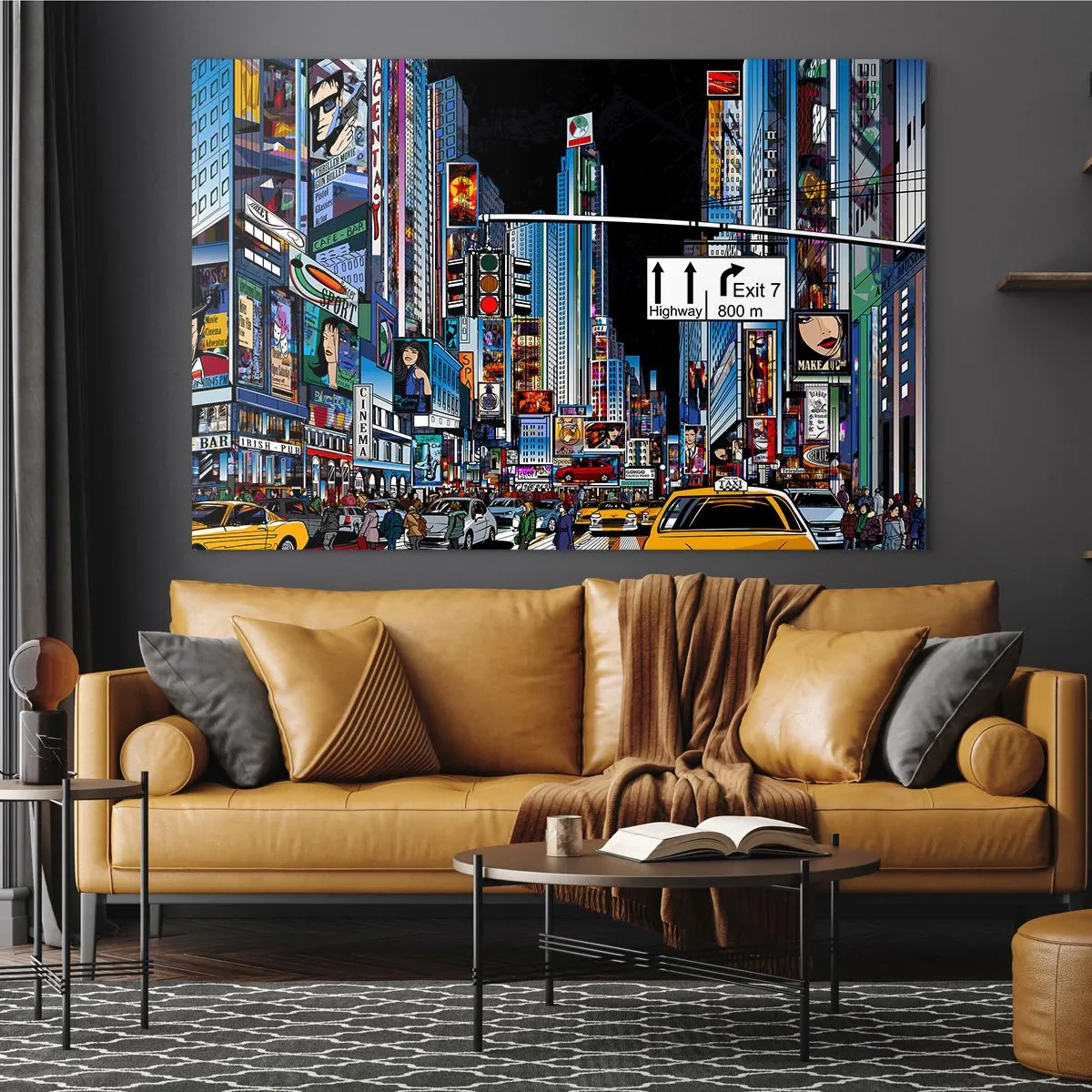 Glastavla - Bild på glas - En livlig gata med gula taxibilar och neonskyltar - 70x50cm - En natt som i serierna - Modern väggdekoration för vardagsrum och sovrum ARTTOR