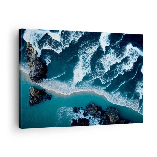 Canvastavla - Bild på duk - Flygfoto över vågor som slår mot stranden - 70x50cm - Insvept i vågorna - Modern väggdekoration för vardagsrum och sovrum ARTTOR