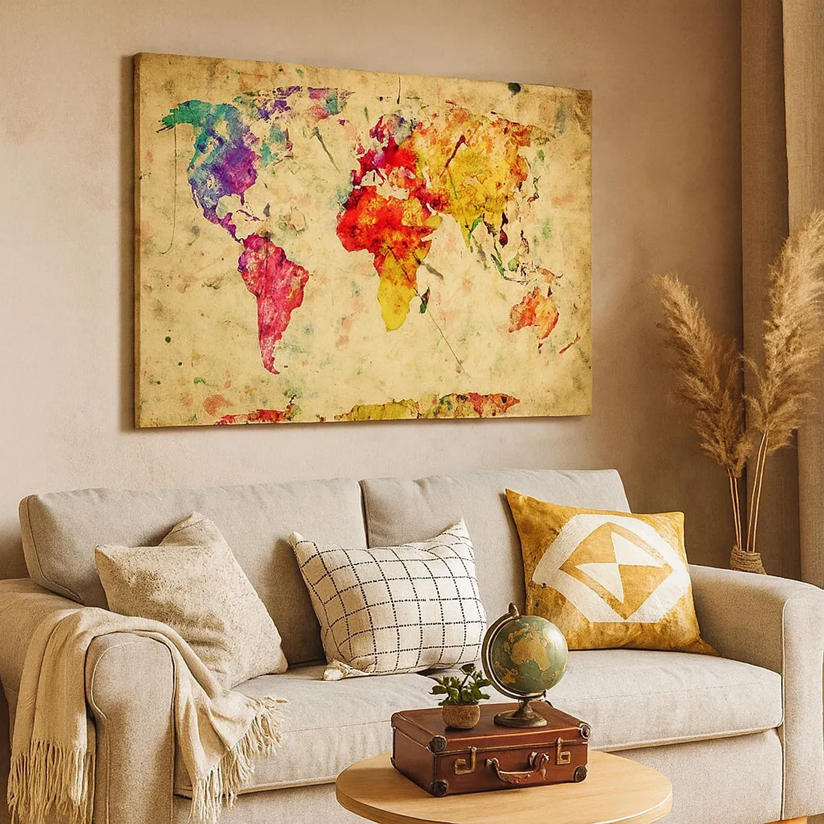 Canvastavla - Bild på duk - En färgstark, konstnärlig tolkning av världskartan - 70x50cm - Livet som färgglatt kartpapper - Modern väggdekoration för vardagsrum och sovrum ARTTOR