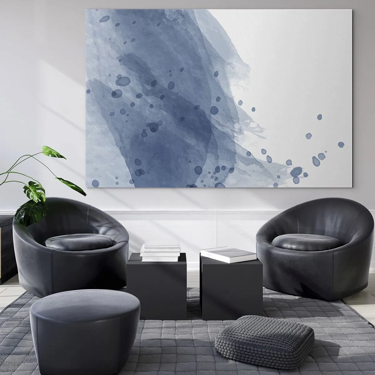 Glastavla - Bild på glas - Akvarellfärg i blå nyanser - 70x50cm - Blå tyll - Modern väggdekoration för vardagsrum och sovrum ARTTOR