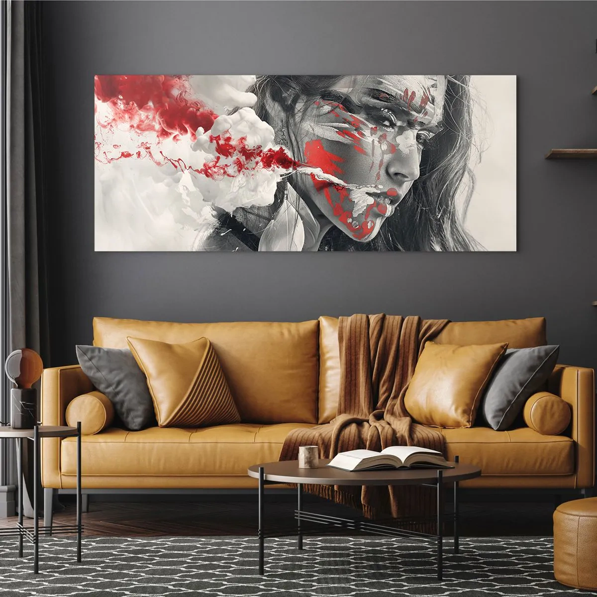 Glastavla - Bild på glas - Röd-vit absurdhet - 140x50 cm