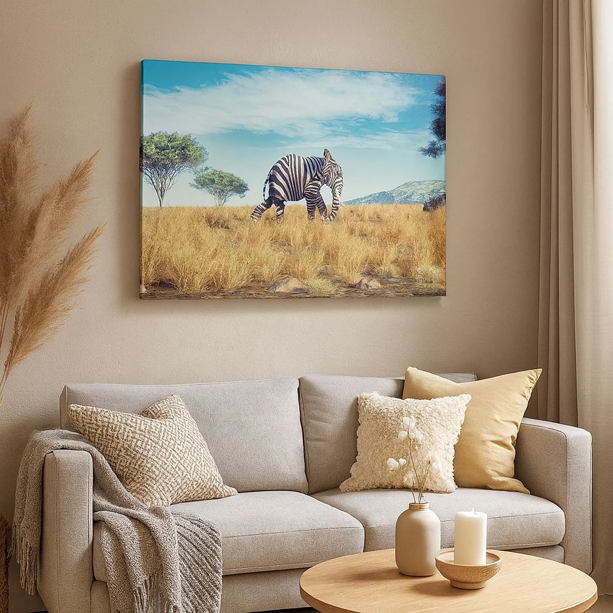 Canvastavla - Bild på duk - Zebra i ett afrikanskt landskap - 70x50cm - Grått är ute - Modern väggdekoration för vardagsrum och sovrum ARTTOR