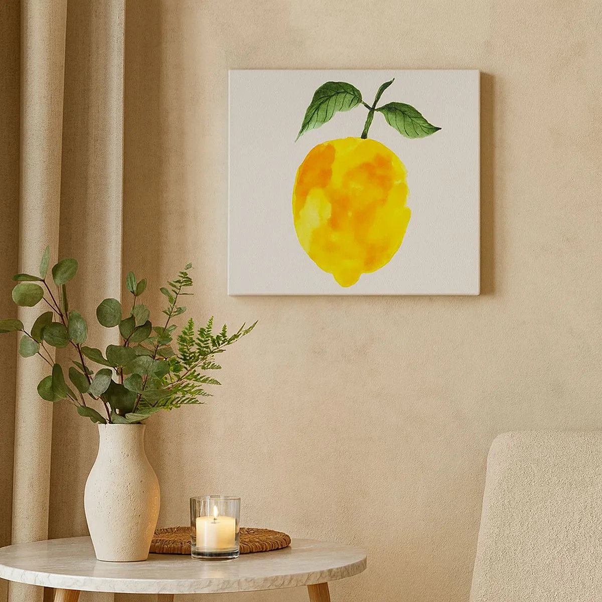 Canvastavla - Bild på duk - Akvarell citron med gröna blad på en ljus bakgrund - 70x50cm - Hur man känner smaken av solen - Modern väggdekoration för vardagsrum och sovrum ARTTOR