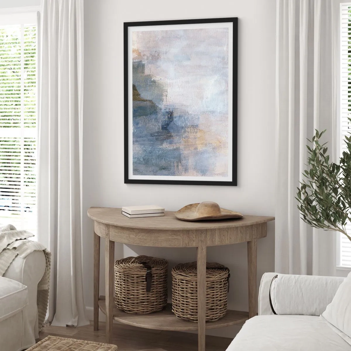 Affisch i svart ram - Abstrakt komposition i nyanser av blått och beige - 50x70cm - Färgernas toner och ackord - Modern väggdekoration för vardagsrum och sovrum ARTTOR