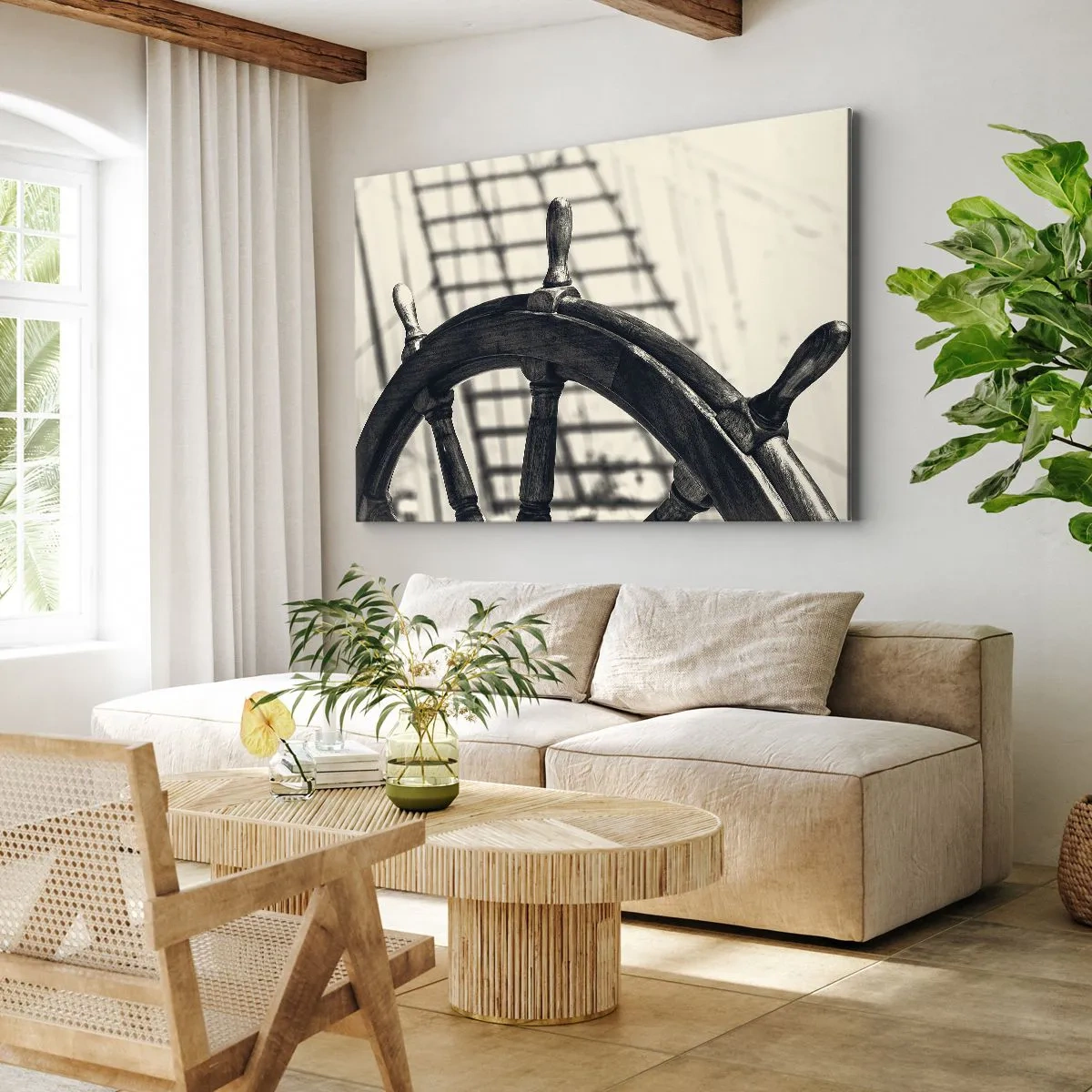 Canvastavla - Bild på duk - Ett segelroder i retrostil med ett skepp i bakgrunden - 70x50cm - Marina berättelser - Modern väggdekoration för vardagsrum och sovrum ARTTOR