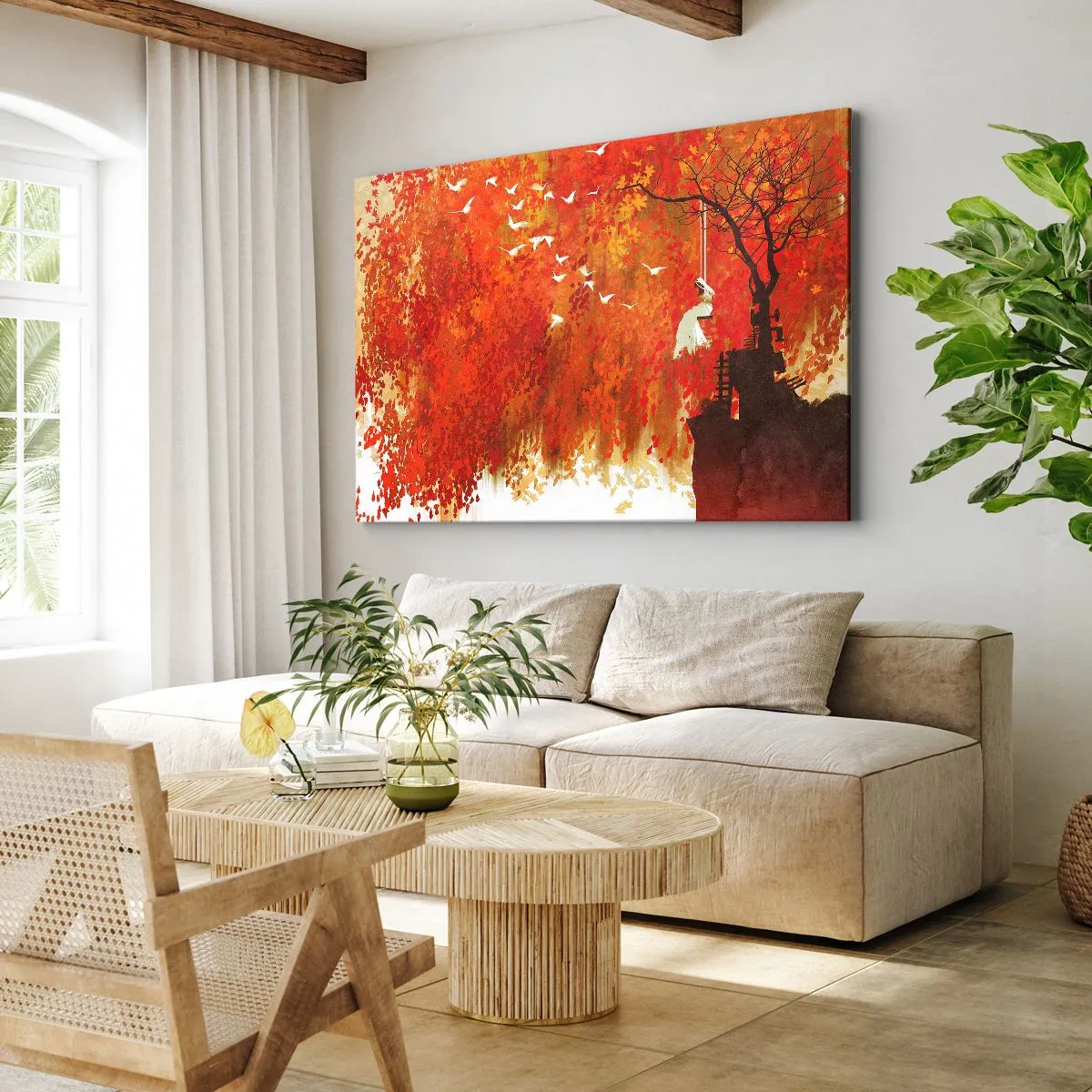 Canvastavla - Bild på duk - En figur på en gunga vid ett träd omgivet av röda löv - 70x50cm - Flyger hon med oss? - Modern väggdekoration för vardagsrum och sovrum ARTTOR