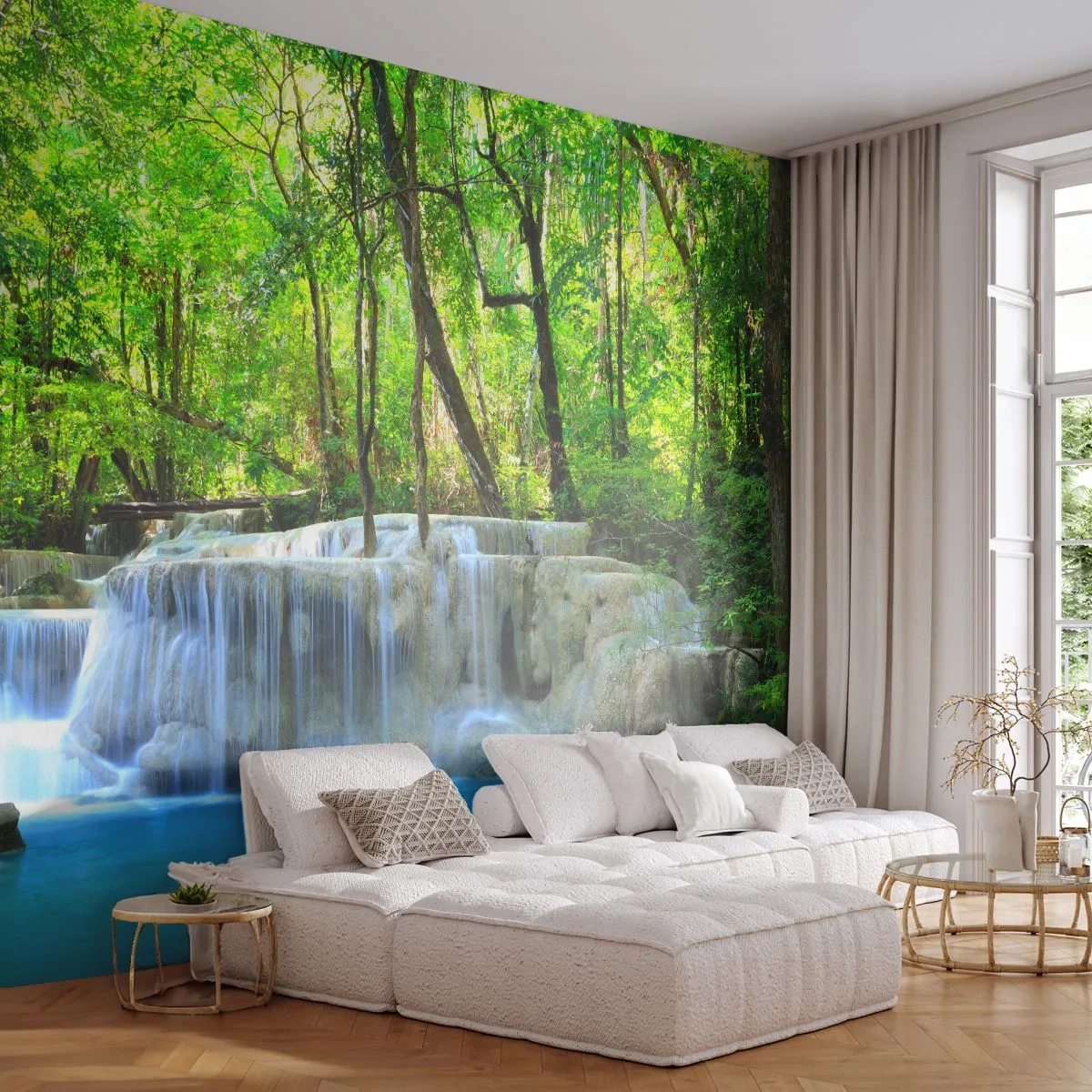 Fototapet Premium Sand - Sjunka i turkos och grön - Landskap, Vattenfall, Kaskad - 100x70 cm