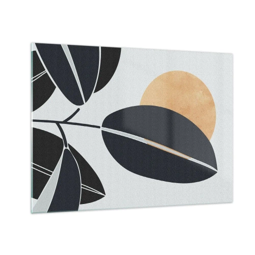 Glastavla - Bild på glas - Stiliserade löv i svart med en orange sol i bakgrunden - 70x50cm - Het sommardag - Modern väggdekoration för vardagsrum och sovrum ARTTOR