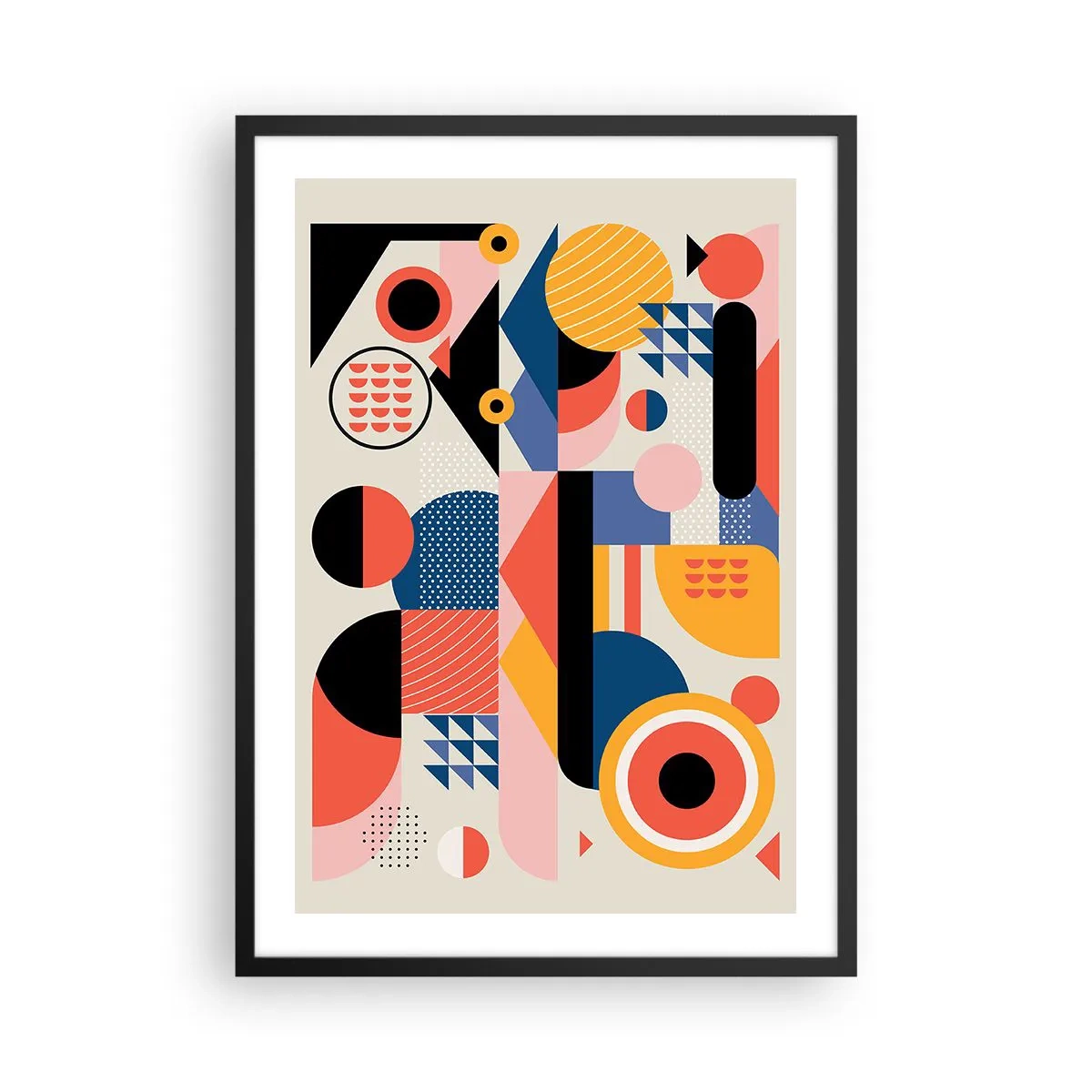 Affisch i svart ram - Färgglad geometrisk abstraktion med dynamiska former - 50x70cm - Komposition: Lek - Modern väggdekoration för vardagsrum och sovrum ARTTOR