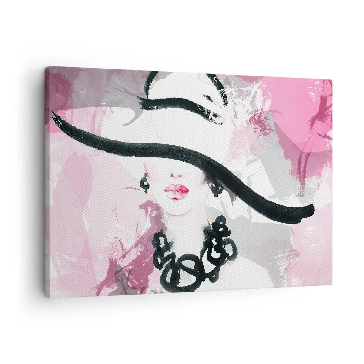 Canvastavla - Bild på duk - En elegant kvinna i hatt mot en bakgrund av rosa abstraktioner. - 70x50cm - En damportätt i svart och rosa - Modern väggdekoration för vardagsrum och sovrum ARTTOR