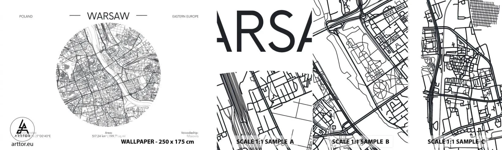 Provbit av självhäftande fototapet Deluxe Sticker - Warszawas anatomi - Karta, Warszawa, Polen - 100x30 cm