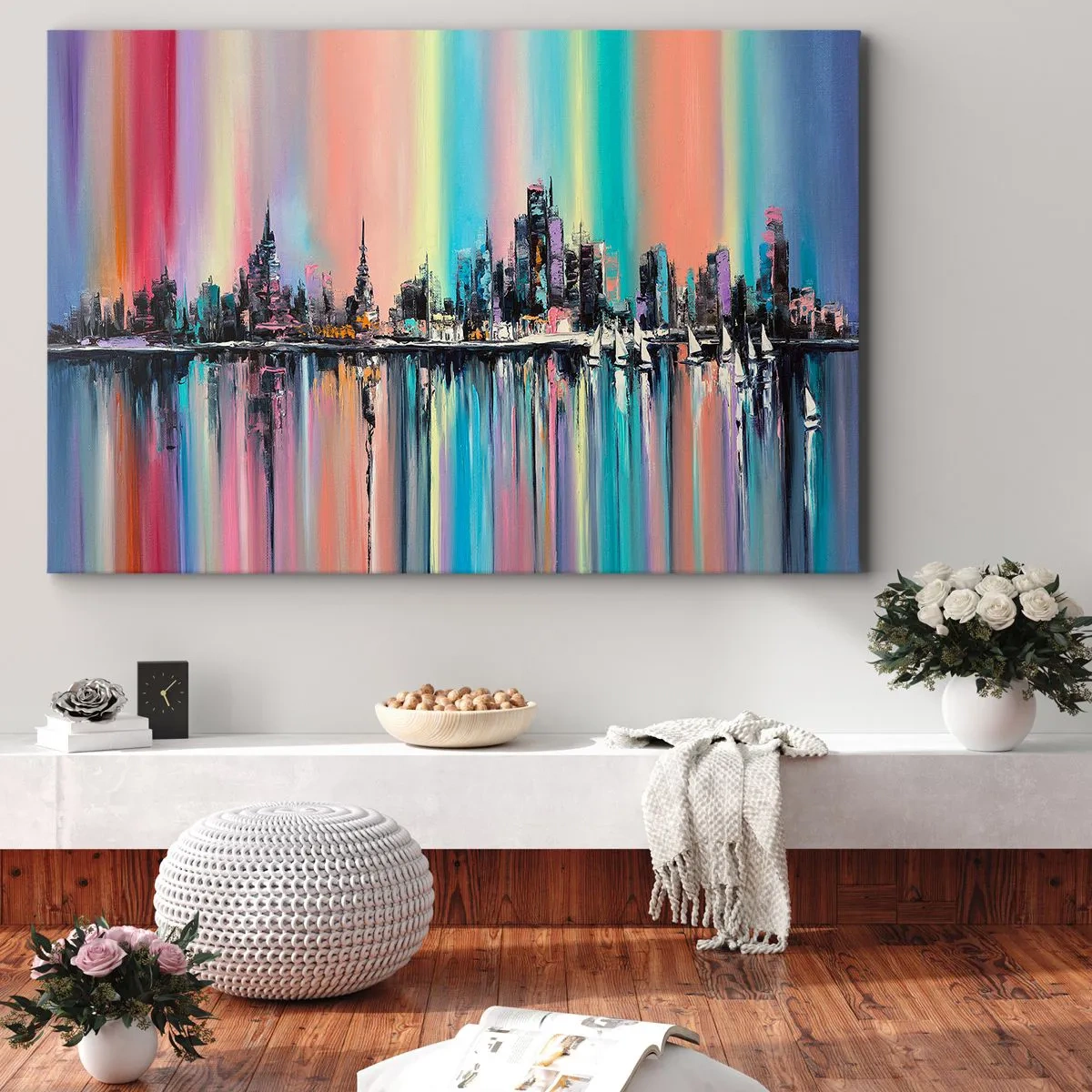 Canvastavla - Bild på duk - Färgglad stadsbild med reflektion på vattnet - 70x50cm - Nattens ljus - Modern väggdekoration för vardagsrum och sovrum ARTTOR