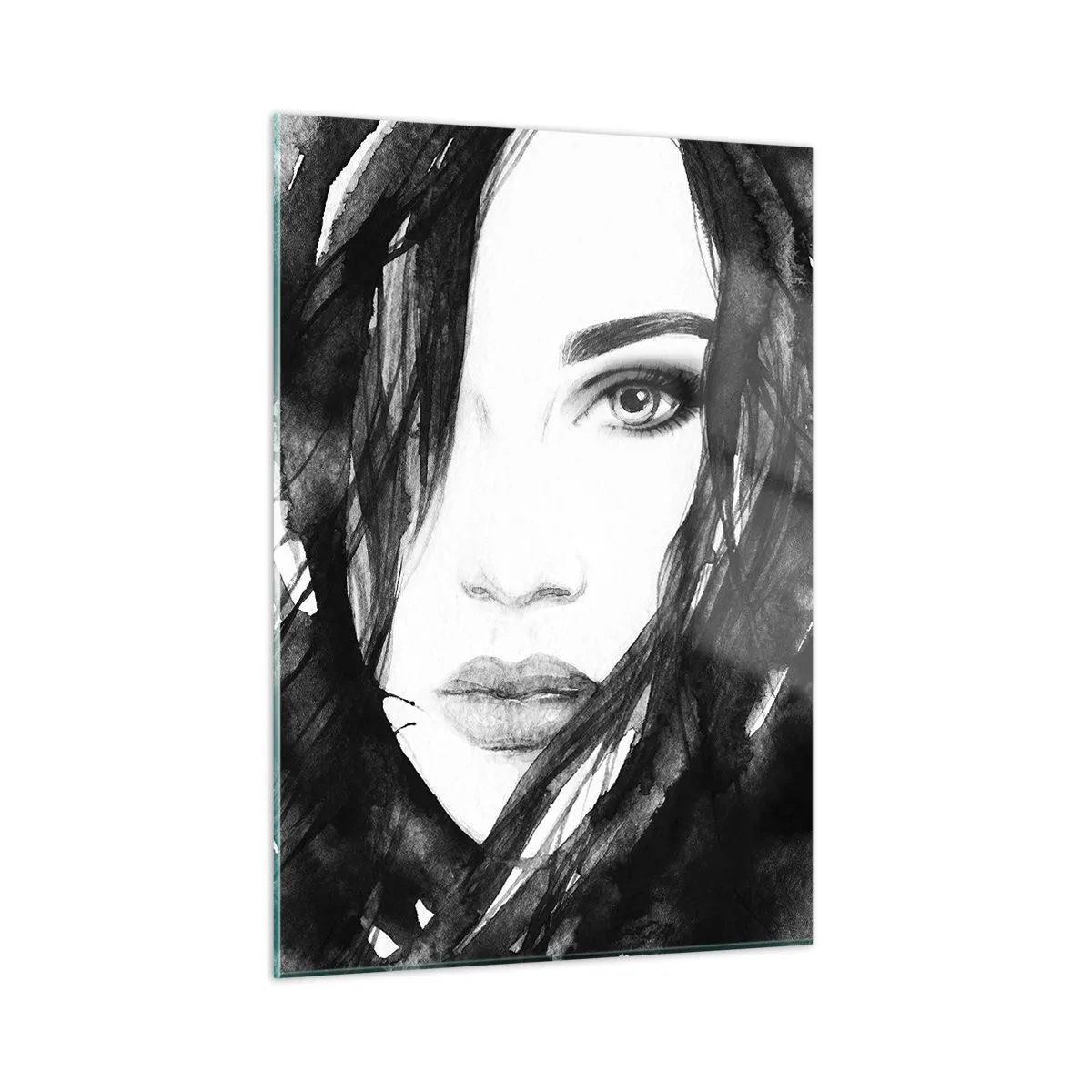 Glastavla - Bild på glas - En damportätt i svart och vit - 50x70 cm