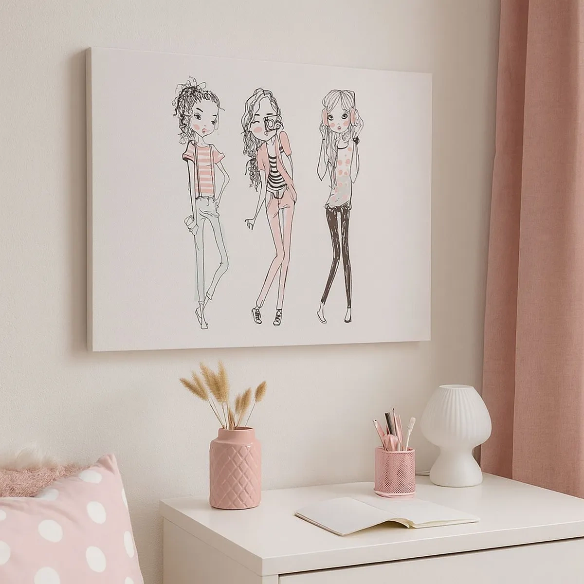 Canvastavla - Bild på duk - Illustration av moderiktiga flickor i pastellfärger - 70x50cm - Det blir kul - Modern väggdekoration för vardagsrum och sovrum ARTTOR