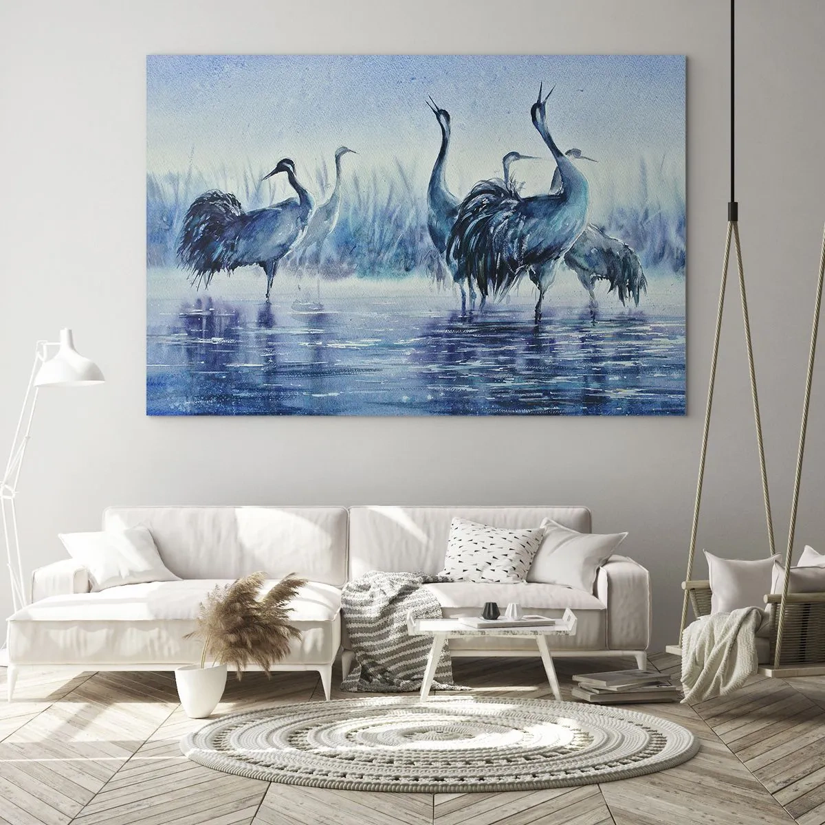 Glastavla - Bild på glas - Fåglar som vadar i blått vatten - 70x50cm - Morgonmöte - Modern väggdekoration för vardagsrum och sovrum ARTTOR