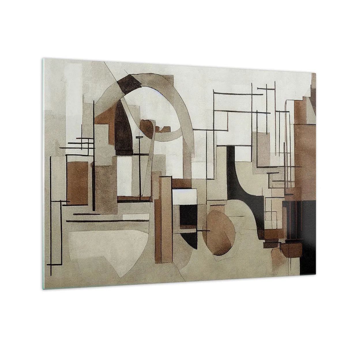 Glastavla - Bild på glas - Geometriskt landskap i nyanser av brunt och beige - 70x50cm - Stadsbild 2.0 - Modern väggdekoration för vardagsrum och sovrum ARTTOR