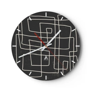 Väggklocka - Klocka på glas - Vita geometriska linjer som bildar ett intrikat rutnät mot en svart bakgrund. - 30x30cm - Inte så enkelt - Modern väggdekoration för vardagsrum, kök och sovrum ARTTOR