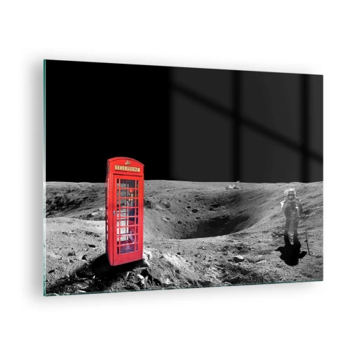 Glastavla - Bild på glas - En röd telefonkiosk på månens yta med en astronaut - 70x50cm - Rymdskämt - Modern väggdekoration för vardagsrum och sovrum ARTTOR